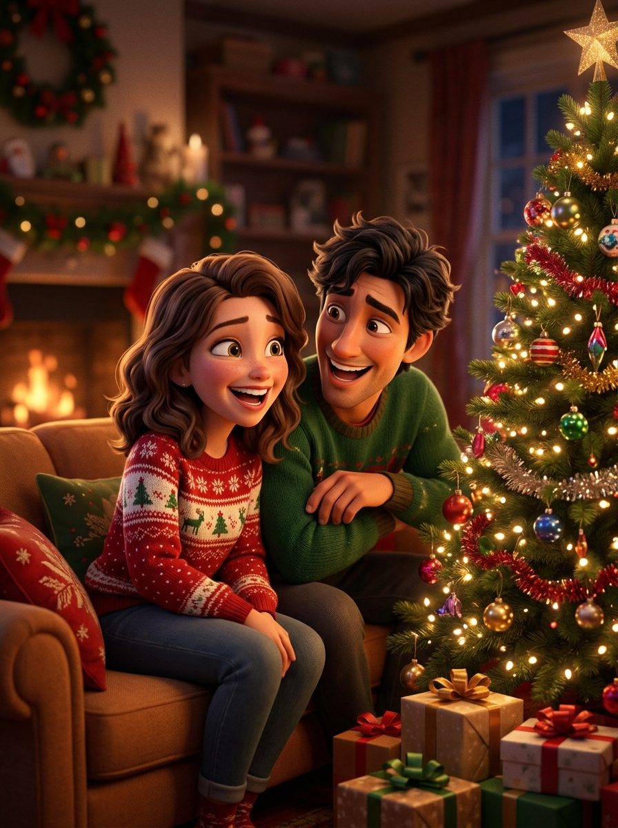 Koppel in 3D-animatiestijl bij de kerstboom