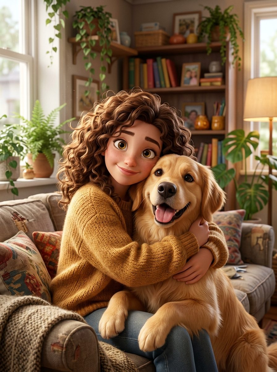 Vrouw met hond in 3D-animatiestijl